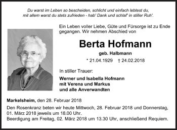 Traueranzeigen Von Berta Hofmann Trauerportal Ihrer Tageszeitung