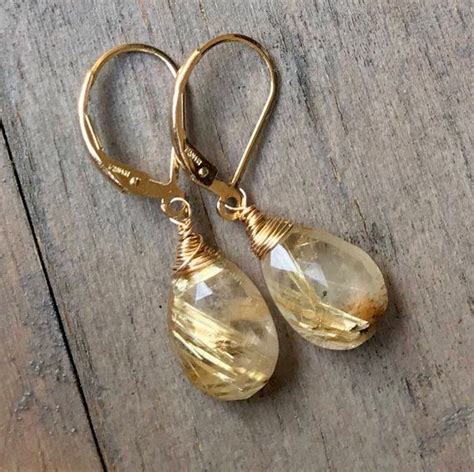 Golden Rutilated Quartz Earrings Petite Rutile Quartz Dangles Gold