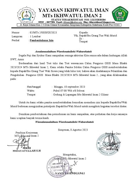 Surat Izin Ke Orang Tua Ldks Osis2 Pdf