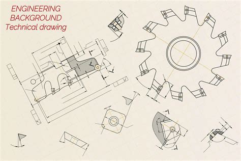 Mechanical Engineering Drawings On Beige Technical Paper Background