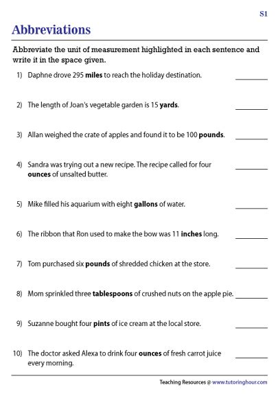 Abbreviating Units Of Measurement Worksheets