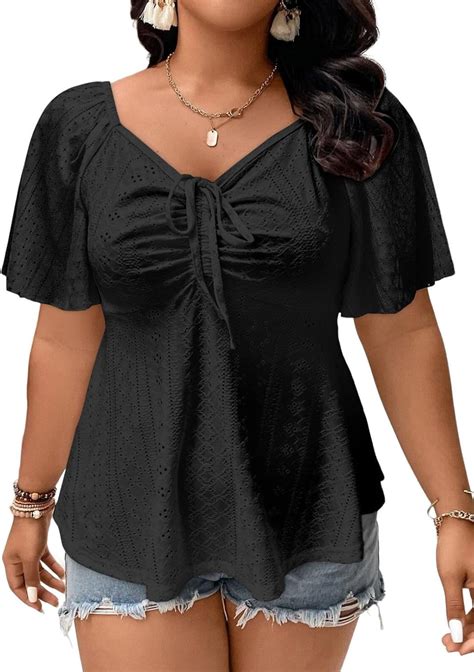 Eytino Womens Plus Size Tops Sweetheart Neck Short Sleeve Eyelet