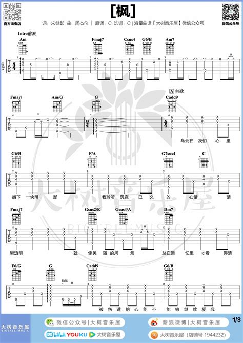枫吉他谱周杰伦吉他弹唱教学视频c调原版吉他谱 吉他园地