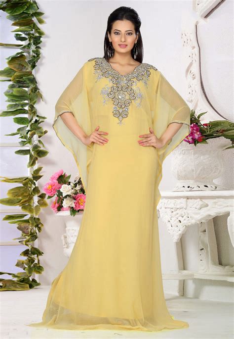 Yellow Faux Georgette Embroidered Readymade Farasha