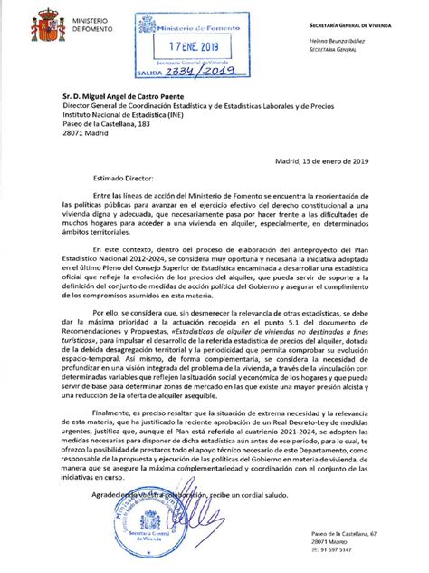 Carta Del Ministerio De Fomento Al Instituto Nacional De Estadística