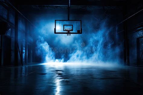 Dark And Dramatic High School Basketball Court Basketball Hoop Blue