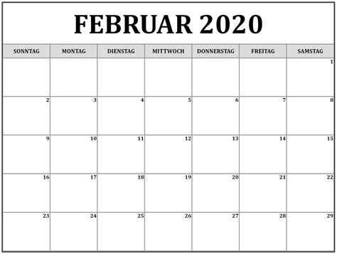 Kalender Februar 2020 In PDF Word Excel Druckbare Vorlage Calendar