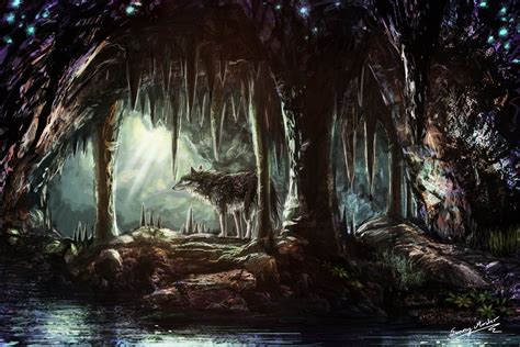 a painting of a wolf standing in the middle of a forest next to a river