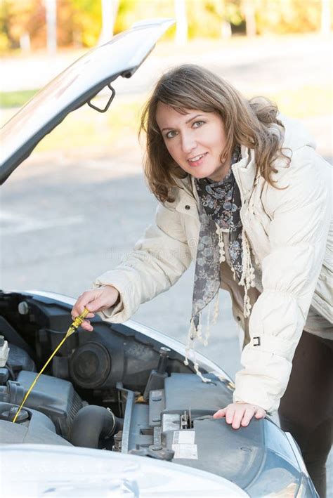 Woman Pouring Oil Into Car Engine Stock Image Image Of Funnel