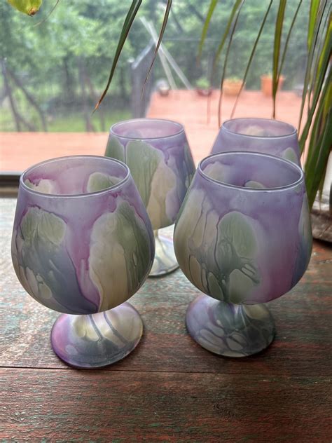 Set Of 4 Nouveau Art Glass Rueven Hand Blown Satin Brandy Glasses Goblets Reuven Ebay