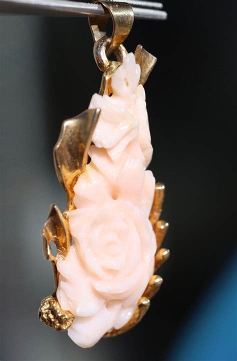 K Solid Yellow Gold Carved Rose Pink Natural Coral Gem