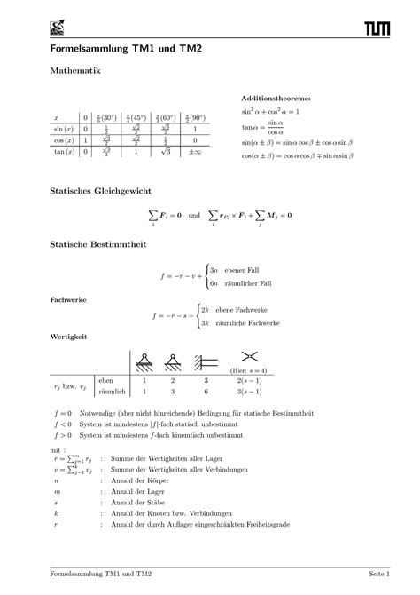 Formelsammlung TM1 Statik Technische Mechanik 1 TUM Studocu