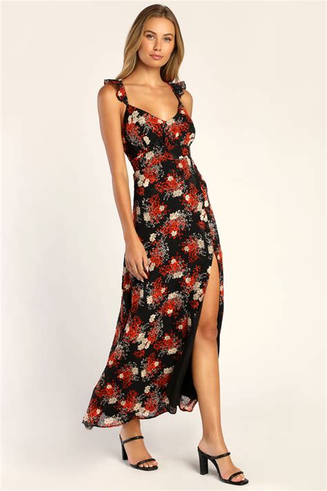 Black Floral Print Dress Burnout Maxi Dress Ruffled Dress Lulus