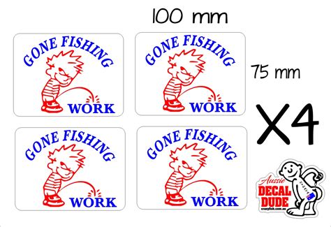 GONE FISHING funny Stickers FOUR (4) 100 x 75 mm - Crazy Fish