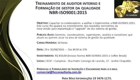 Treinamento Formação De Auditores Internos E Gestores Da Qualidade Nbr Iso90012015