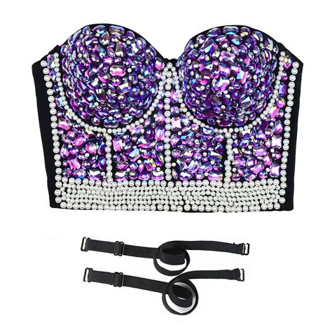 Womens Sexy Rhinestone Bead Bustier Crop Top Club Party Glitter Corse