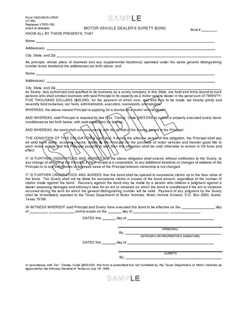 Texas Mvd Surety Bond Sample Form Surety Bond Bonds Finance