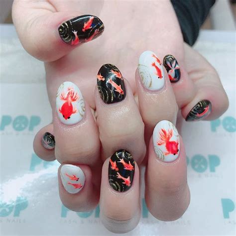 Acrylic Full Set Gel Nails Art Design Hand Draw Koi Fish Requested By