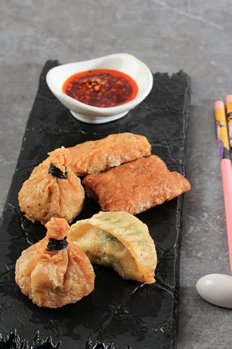 Deep Fried Dim Sum Ekado Lumpia On Rustic Square Plate Various Shape