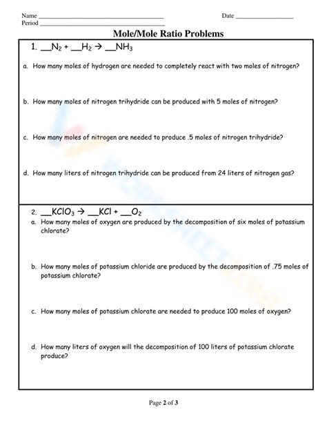 Free Printable Mole Ratio Worksheets For Students