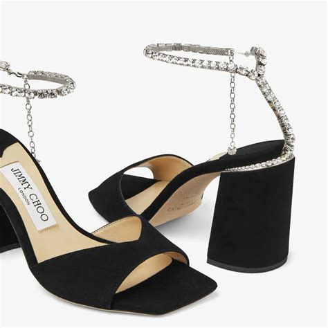 Saeda Sandal Block Heel 85 水晶链饰黑色绒面革凉鞋 新品系列 Jimmy Choo