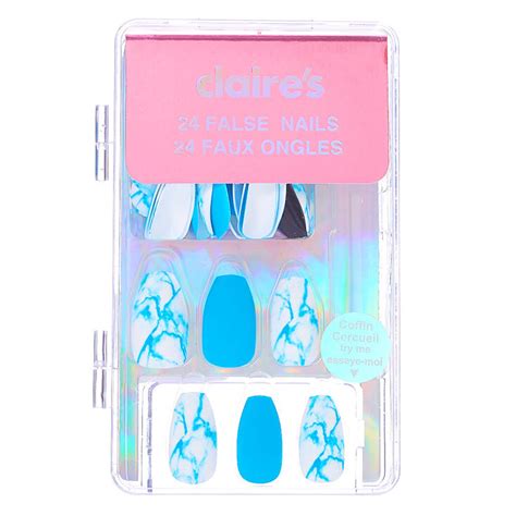 Mixed Neon Matte And Marble Coffin Faux Nail Set Blue 24 Pack Claires