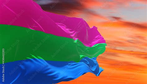 Polysexuality Pride Flag Waving In The Wind At Cloudy Sky Freedom And