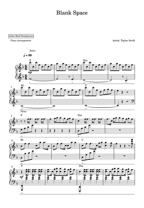 Taylor Swift Blank Space Piano Sheet Partitura By John Rod Dondoyano