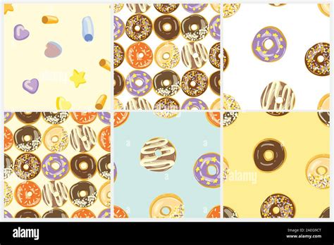 Glazed Donuts Seamless Pattern Set Bakery Vector Illustrations Top