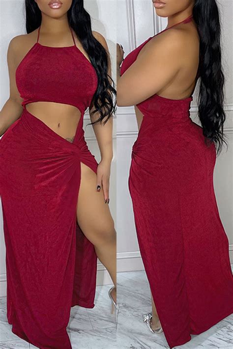 Wholesale Red Sexy Solid Bandage Hollowed Out Backless Slit Halter Long Dress Dresses Ws84833 3