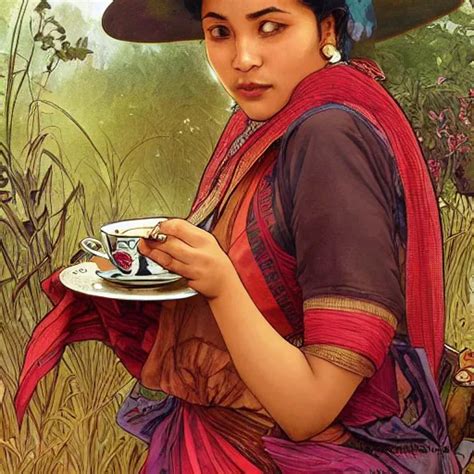 Krea A Female Assamese Drinking Assam Tea With Kaziranga Tea Garden Background By Artgerm And