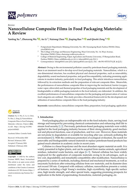 Pdf Nanocellulose Composite Films In Food Packaging Materials A Review