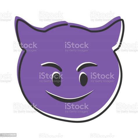 Evil Devil Emoji Happy Purple Emoticon With Devil Horns Hand Drawn Flat