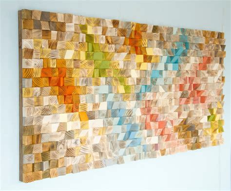 Wood Wall Art, geometric wood art, mosaic wall decor, eclectic art in modern colors