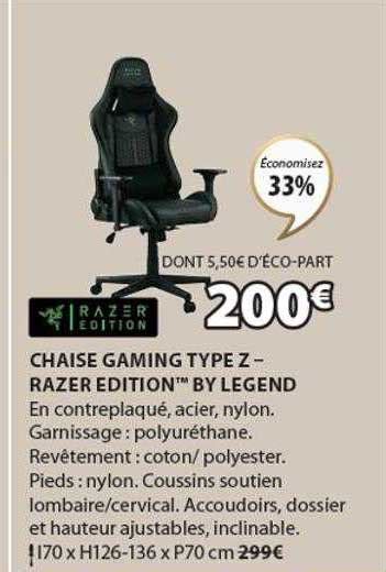 Promo Chaise Gaming Type Z Razer Edition By Legend Chez Jysk