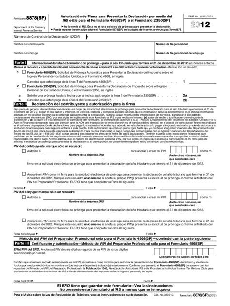 Fillable Online 2012 Form 8878sp Irs E File Signature Authorization