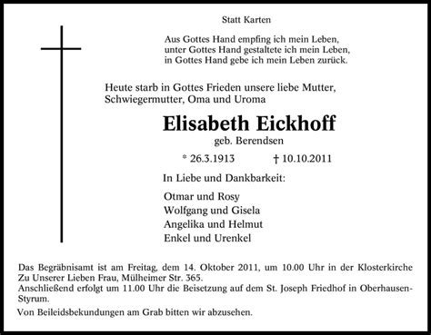 Traueranzeigen Von Elisabeth Eickhoff Trauer In Nrw De