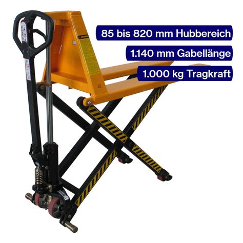 Scherenhubwagen 1000 kg Tragkraft 1140 mm Gabellänge Hub bis 820