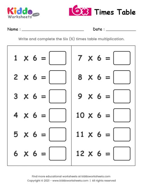 6 Times Tables Printable Worksheets