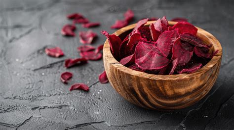 Dried Beets In Small Slices In A Wooden Bowl On A Black Concrete