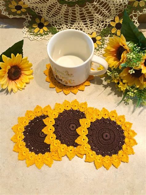 Crochet Sunflower Coaster Crochet Sunflower Coasters - Etsy in 2022 | Crochet sunflower, Crochet ...