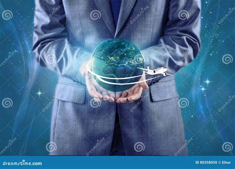 The Businessman In Air Travel Concept Stock Photo Image Of Electronic