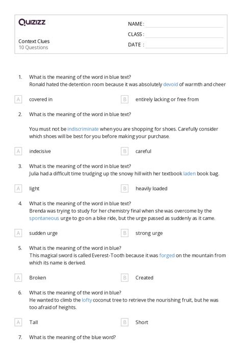 Determining Meaning Using Context Clues Worksheets For Th Class On