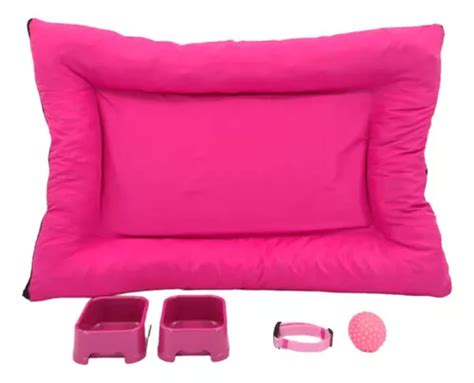 Kit Cachorro Cama Futon Comedouro Coleira Brinquedo Tam M Cor Rosa