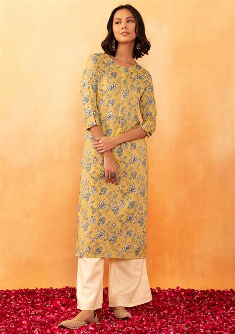 Buy Women Yellow Floral Jaal Print Rayon Straight Kurta Everyday