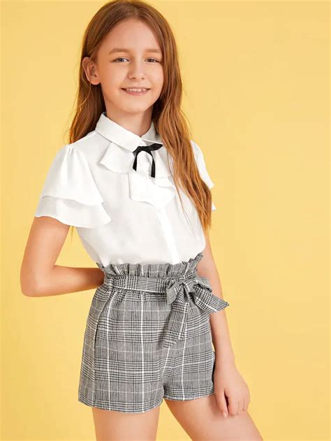 Girls Ruffle Trim Top And Paperbag Waist Belted Shorts Set Shein