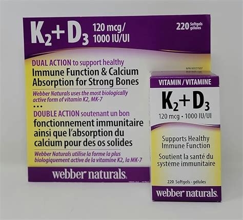 Webber Naturals K2 D3 120 Mcg 1000 Iu Supports Healthy Immune Function 220 Softgels