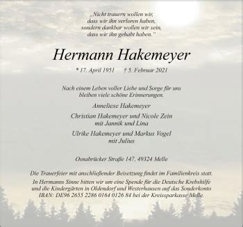 Traueranzeigen Von Hermann Hakemeyer Noz Trauerportal