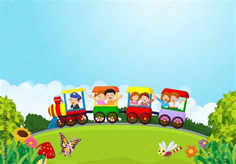 Cartoon happy kids on a colorful train Stock Vector | Adobe Stock