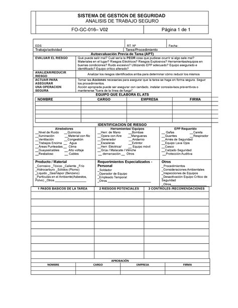 Formato Analisis De Trabajo Seguro Docx Sistema De Gestion De